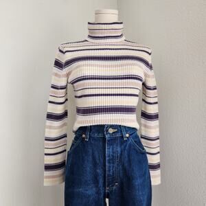 Vintage Y2K Eddie Bauer Striped Ribbed Turtleneck Long Sleeve Knit Top Stretch S